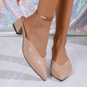 Summer New Arrival Pointed Toe <b>Slip</b>-on Mid-heel <b>Half</b> Slippers Women's Thick Heel Plus Size Toe Slippers - Product Image 6