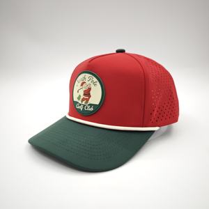 Casquette de baseball imperméable en polyester bleu à 5 panneaux avec logo personnalisé en patch de caoutchouc Dobby Dot, visière plate et trous découpés au laser - Product Image 3