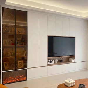 יחידת טלוויזיה קיר מודרנית מפוארת בהתאמה אישית עם קמין חשמלי מעץ, ארון טלוויזיה תלוי לקיר לאחסון בסלון דירה - Product Image 2