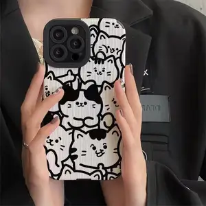 Cartoon Black White Stripe Cat Printing Soft TPU Leather Mobile Phone Cover Case For Iphone 7 8 X Xr Xs 11 12 13 14 15 Pro Max