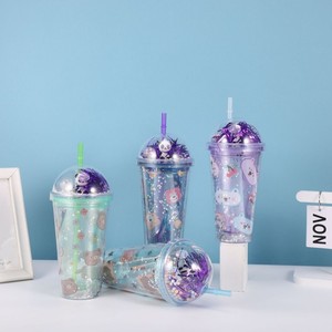 450ml Kawaii Cartoon Bear Pattern <b>Plastic</b> Tumbler Double Wall Design with <b>Straw</b> Purple Tinsel Dome Lid Cute Panda Bear Character - Product Image 4