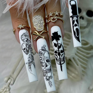 24 <span class=keywords><strong>Uñas</strong></span> Postizas Góticas de Diseño Largo en Forma de Ataúd, Negras y Blancas <span class=keywords><strong>con</strong></span> Calaveras y Rosas, <span class=keywords><strong>Uñas</strong></span> Acrílicas de Terror para Halloween, para Mujeres, para Fiestas - Product Image 1