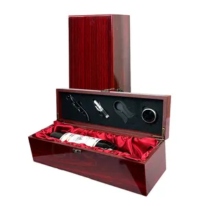 Wooden Single Bottle Box Wholesale Wine Bottle Box And 4 Pc Tools With Red Color Wood Box Set And Wine Accessories Gift Set And Single Wooden Wine Boxes