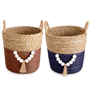 Cesta de Almacenamiento de Cuerda de Papel y Junco Marino Tejida a Mano con Borlas de Cuentas para Sala de Estar, Guardería, Entrada, Organizador <span class=keywords><strong>del</strong></span> Hogar, Venta al por Mayor - Product Image 1