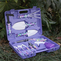 Ensemble de jardinage de 10 pièces, ensemble d'outils de jardinage à imprimé violet, boîte en plastique