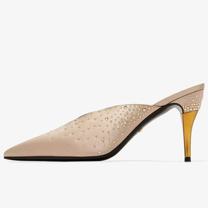 Zapatos de Tacón Alto Dorados de Seda para Mujer con Logotipo Personalizado, Tacones de Aguja con Punta Puntiaguda para Verano, Zapatos de Vestir con Diamantes Brillantes - Product Image 2