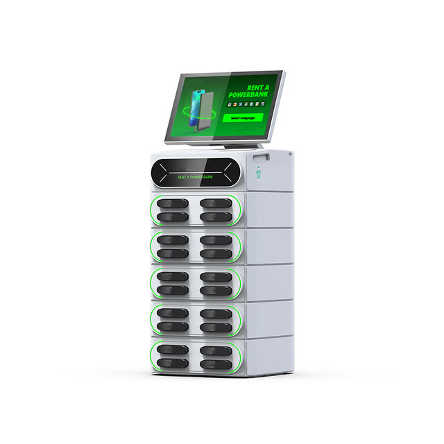 OEM ODM LCD Screen Qi Charging Kiosk Power Bank Rental Station with POS for Small Business Laptop & Earphone Use