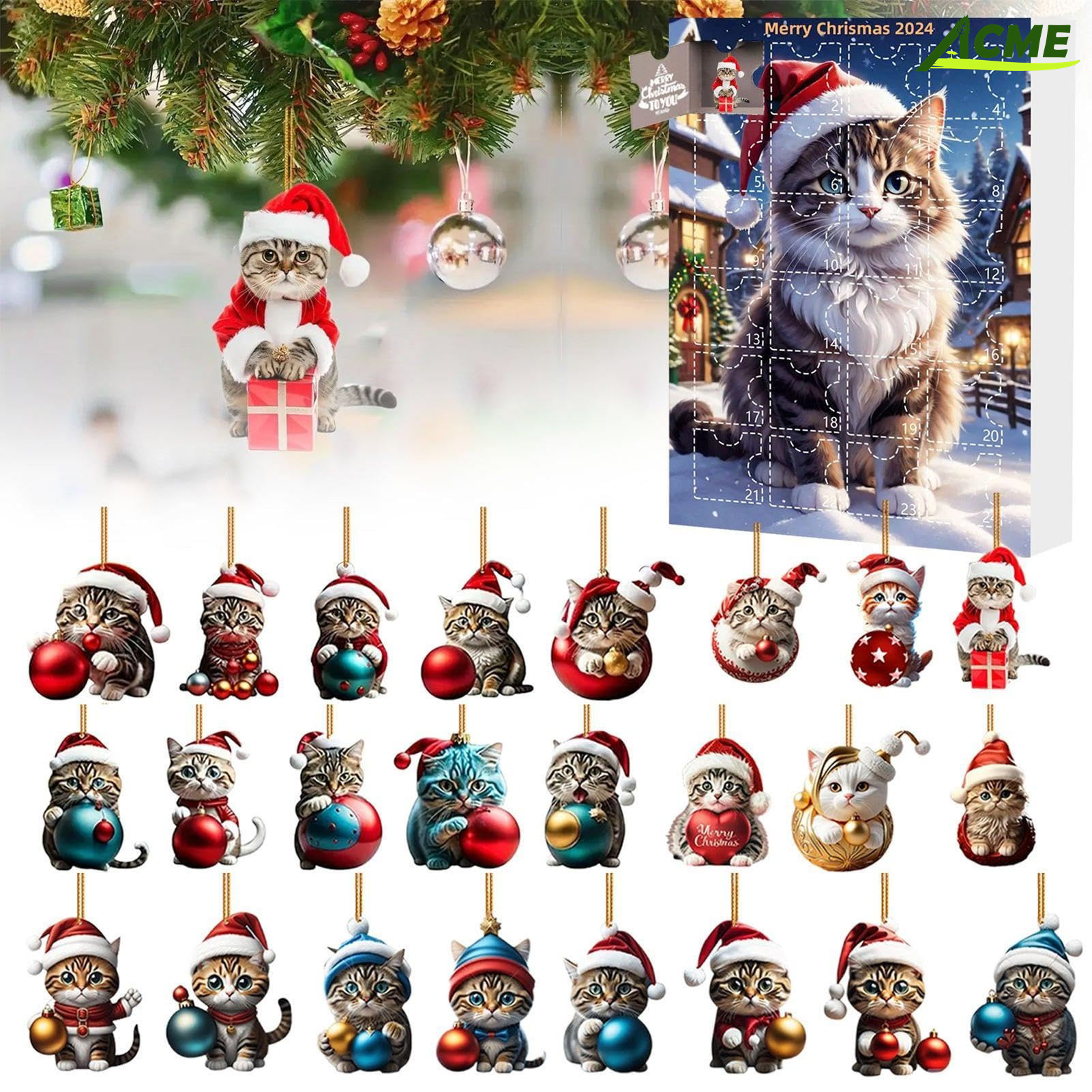 Calendrier De L’Avent Chat 2025 – Ornements Acrylique Avec Pendentifs Chatons – Compte à Rebours De 24 Jours