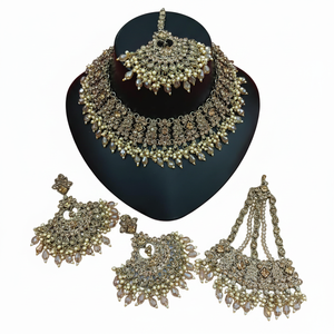 <b>Gold</b> Plated Ethnic Bridal Shadow Choker Necklace <b>Set</b> Earrings Maang Tikka Trendy Handmade Wedding Engagement Anniversary Jewelry - Product Image 2