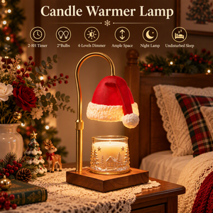 Lampada Scaldacera Natalizia con Paralume a Cappello di Babbo Natale, Braccio Arcuato Dorato, Base in Legno, Timer, Dimmer, Decorazione - Product Image 1