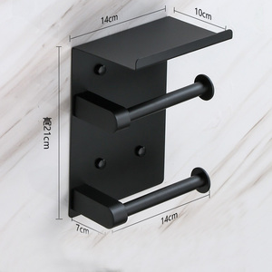 YOTO Double tige de tissu <span class=keywords><strong>porte</strong></span>-<span class=keywords><strong>papier</strong></span> support mural noir antirouille <span class=keywords><strong>porte</strong></span>-<span class=keywords><strong>papier</strong></span> hygiénique étagère de stockage à 2 niveaux sans installation de perceuse - Product Image 3