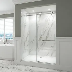 Wholesale Project Bathroom Shower Glass Frameless Sliding Door 4 Brass Rollers EX-824