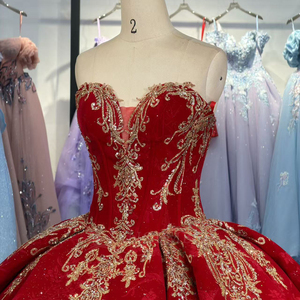Dy6969 Quinceanera Dress <b>Red</b> Organza <b>Sequined</b> Lace Ball Gown with Chapel Train for Candy Color Natural Waistline Ruffles - Product Image 4