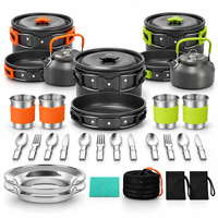 Ensemble de cuisine de camping en aluminium anodisé, poêle, casserole, théière, tasse avec manches en silicone pour la randonnée et les pique-niques
