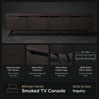 Konsol TV Midnight Nordic Veneer Kayu Oak Asap Kaki Miring Hitam Matte Pegangan Samping Tersembunyi OEM Grosir