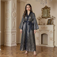 Abaya en polyester brillant jacquard à col ouvert, ceinturée, kimono à manches larges, robe maxi élégante à fleurs pour femmes musulmanes, pour soirée