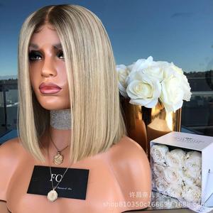 Peluca Bob de oro negro de 12 "con frente de encaje, peluca de pelo recto <span class=keywords><strong>corto</strong></span> sintético resistente al calor con parte media y cuero cabelludo simulado para mujer - Product Image 6