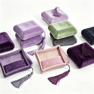 Square Velvet Ring <b>Boxes</b> With Handmade Tassel Closure Wholesale Soft Plush Velvet Interior For Wedding Band - Product Image 3