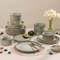 EKA Ensemble de vaisselle en céramique moderne 12 pièces, glaçure réactive, OEM/ODM, ensemble de plats et de bols, vaisselle en grès de luxe