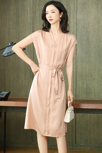 เดรสผ้าไหมหม่อนหรูหราสำหรับฤดูร้อนแขนสั้นระดับไฮเอนด์ลำลองสีทึบวิธีการทอรอบเอวธรรมชาติ - Product Image 6