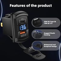 Interruptor basculante USB con cargador rápido PD/Tipo-C de 2 puertos, toma de corriente impermeable de 12V para barco/RV, cargador de coche con doble USB y voltímetro