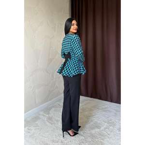 Blazer Azul con Diseño de Pata de Gallo y Lazo en la Espalda, Chaqueta de Mujer Tejida de Manga Larga - Product Image 3