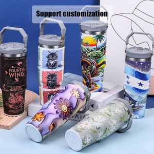 Bouteille d'eau isotherme personnalisée avec logo, 20 oz et 30 oz, en acier inoxydable à double paroi, anti-fuite, avec paille rabattable et poignée - Product Image 5