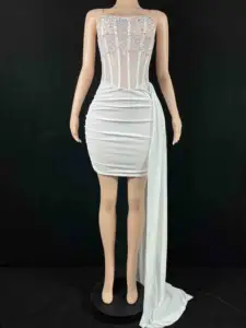 Toptan tasarımcı giyim çin elmas inciler uzun Hem Midi elbise gelinlik gelin kıyafeti akşam kumaş beyaz