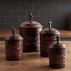 Classic Metal Spice Containers Set With Fleur De Lis Design Round Shape With Lid Storage <b>Bins</b> For <b>Kitchen</b> Use - Product Image 2