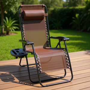 Sdraio Pieghevole da Esterno a Gravità Zero, Telaio in Metallo Marrone, Reclinabile Manualmente, Sedia da Patio - Product Image 2