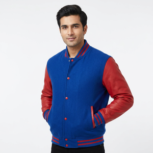 Wholesale Buttons Front Men Color <b>Blocked</b> Long Sleeve Custom Logo Leather Letterman Design Varsity Baseball Bomber Jacket - Product Image 1