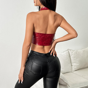 Cardigan sexy à décolleté plongeant, couleur unie, avec lien à nouer au cou, en similicuir, hauts pour femmes, t-shirt tendance - Product Image 5