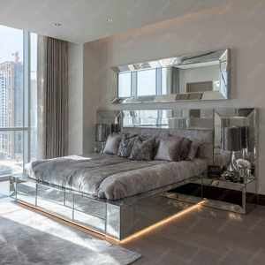 Juego de Dormitorio Moderno de Lujo Estilo Británico, Cama King-Size con Marco de Madera y Cristales de Diamante, con Acabado Espejado para Casa o Apartamento - Product Image 3