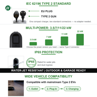 Nouvelle station de charge portable pour véhicules électriques, type 2, modèle EJ, prise EU, 3,5 kW/7 kW/11 kW/22 kW, indice de protection IP65, poignée ergonomique pour la maison et le bureau