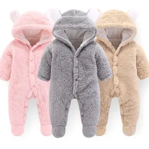 Baru Lahir Bayi Rajutan Onesie Balita Lengan Panjang Sweater Jumpsuit Kartun Beruang Musim Dingin Bertudung Baju Monyet