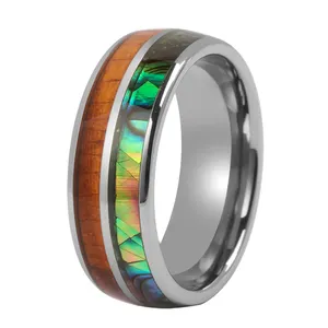 Abalon cincin kayu Koa Tungsten dua nada pria, cincin pernikahan setengah kayu/abalon 8mm bentuk barel Hawaii cincin kayu Koa Tungsten