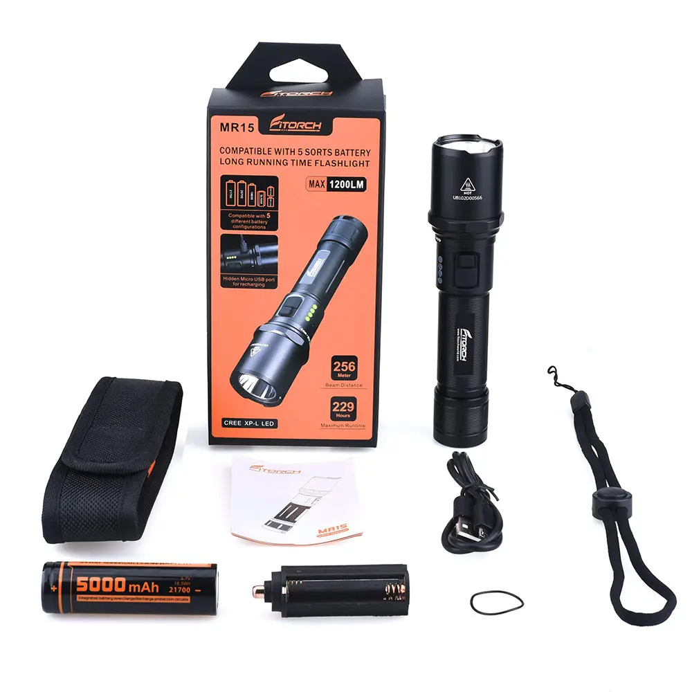 Super Bright MR15 LED 1200lm Portable Aluminum 5 work modes 18650 Battery USB Rechargeable Mini Tactical FlashLight