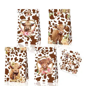 Huancai Highland Cow Party Favors Bag 12 PCS Paper Bags with Stickers Gift Candy Treat Bag for Western Birthday Party Supplies