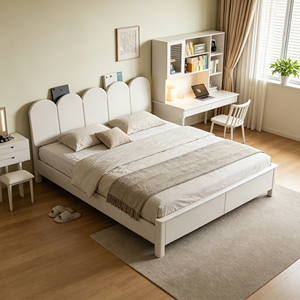 Minimalist White Queen Size Storage Bed <b>Frame</b> with Fabric Upholstery and Wooden Panel Design - Product Image 6