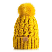 Bonnet ample en tricot à logo personnalisé Chapeau ample épais avec pompon en fausse fourrure Chapeau d'hiver