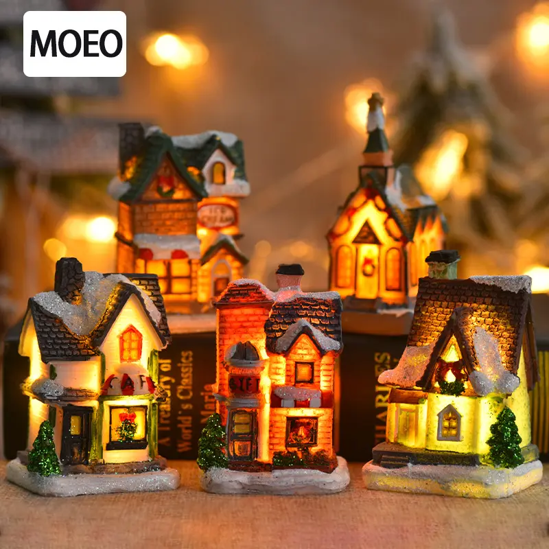 Adornos navideños de resina, casa pequeña luminosa, Micro paisaje, adornos de navidad, regalos