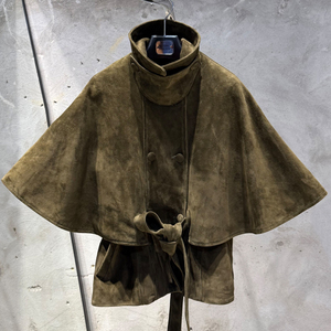 Veste en cuir de mouton véritable à col montant et manches chauve-souris pour femme, style cape - Product Image 1