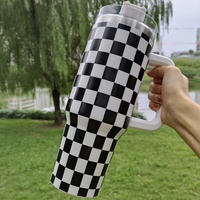 Gobelet isotherme en acier inoxydable à motif damier, 100 % étanche, bouteille d'eau de voyage, tasse portable 40 OZ