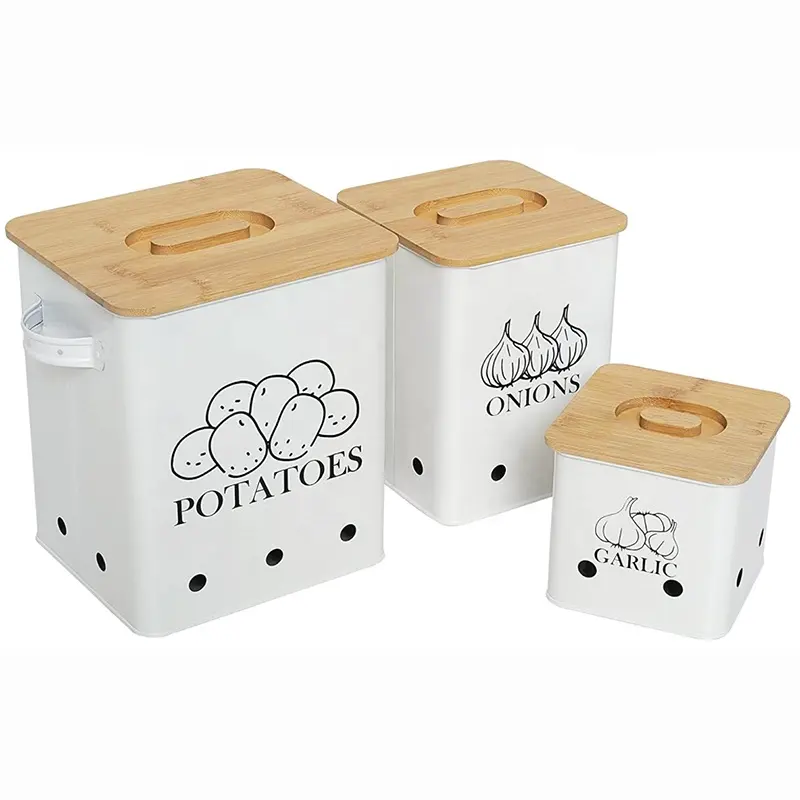 Set of 3 Vintage Potato Onion Garlic Storage Canisters With Bamboo Lid Metal Potato Onion Kitchen Storage Box