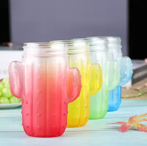 Wholesale Cactus Shaped Color Printing Fruit Juice Drinking Glass Bottle Cup With Lids And Straw