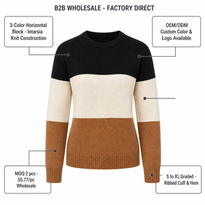 Maglione Pullover da Donna Personalizzato OEM a Blocchi Orizzontali Tricolore con Collo Tondo e Maniche Lunghe, Vendita all'Ingrosso - Product Image 4