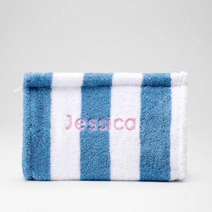 Pochette de maquillage en tissu éponge rayé avec logo brodé personnalisé, sac de toilette en velours pour artiste maquilleur, organiseur de cosmétiques - Product Image 1