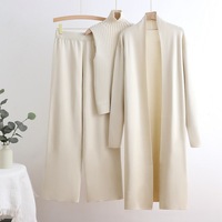 Vintage Moda Bayanlar 3 Parçalı Set Kırışmaz Merserize Pamuklu Uzun Hırka Örme Pantolon Süveter Takım Günlük İlkbahar Sonbahar