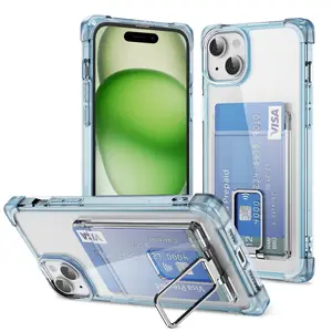 Frosted Anti-drop Four Corners PC TPU Phone Case With Card Slot Fold Stand Clear Hard Back Cover For iPhone 15 Plus 14 13 Pro