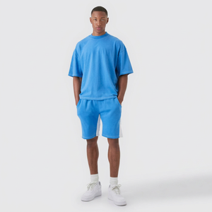 Conjunto de Camiseta y Pantalones Cortos de Algodón Azul para Hombre, Estilo Casual de Verano, 2 Piezas, Tejido Holgado, Color Sólido, Estilo Urbano - Product Image 1